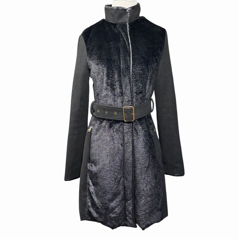 Celsius Premium Women’s M Black Wool Blend Coat Belted Faux Fur Gold Tone Warm